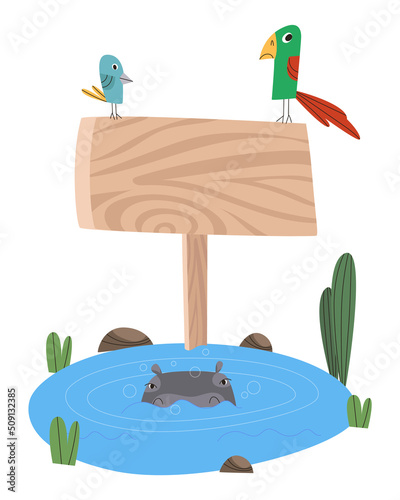 A wooden sign sticks out of the water. The hippo is hiding in the water. Flat vector illustration. Eps10