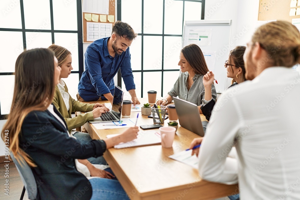 Group of business workers smiling happy working at the office Group of business workers smiling happy working at the office