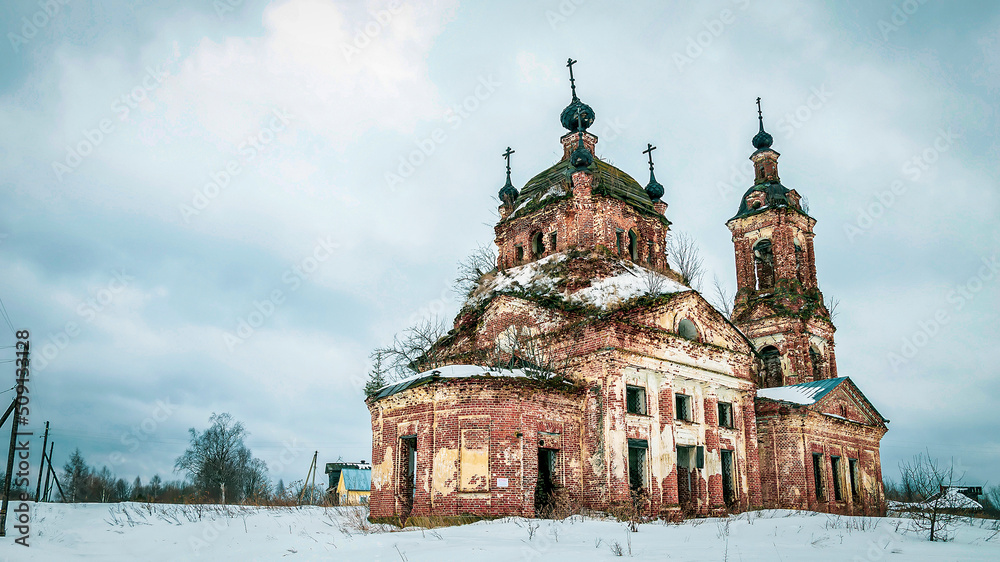 destroyed Orthodox church in winter