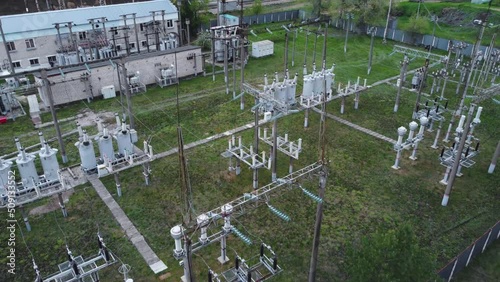 Aerial view of old rural high-voltage electrical railways substation.