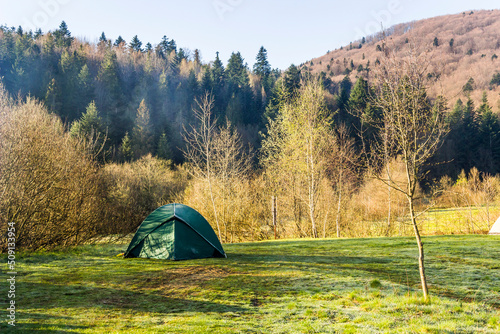 a tourist tent in Carpathian mountains, Skole Beskids National Nature Park, Ukraine