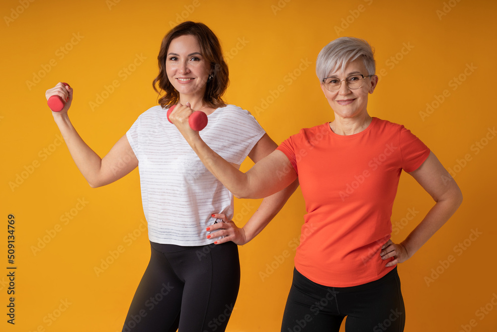 two adult girlfriends go in for sports with dumbbells	