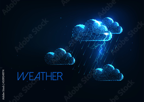 Futuristic thunderstorm weather, meteorology concept with glowing clouds, rain shower and lightning 