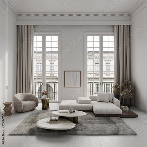 White living room in classical style interior mockup 3d render with large windows and view to classic building