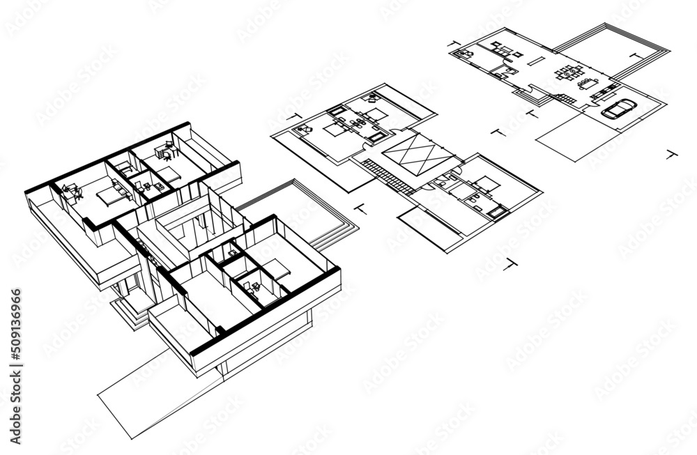 Fototapeta premium Modern house architectural drawing 3d illustration