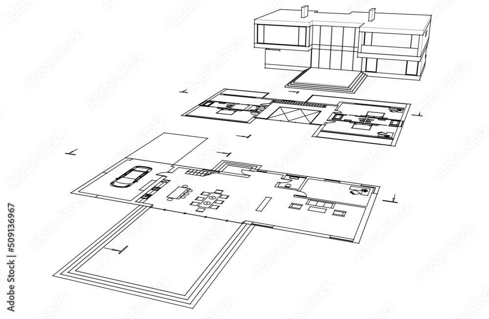 Fototapeta premium Modern house architectural drawing 3d illustration