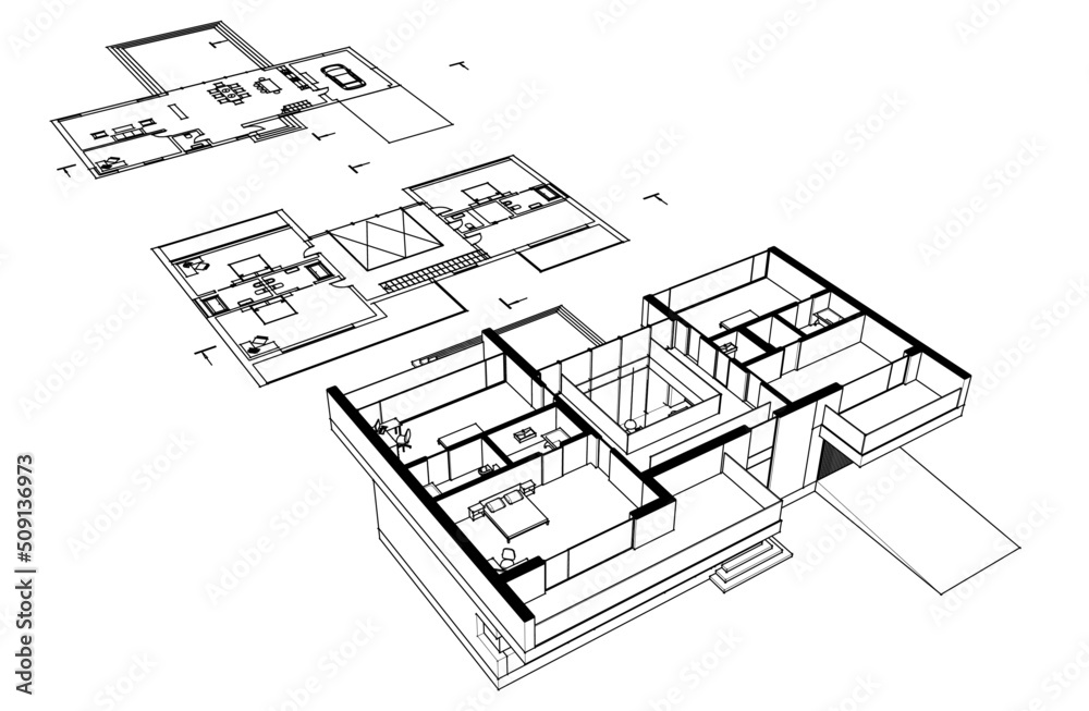 Fototapeta premium Modern house architectural drawing 3d illustration