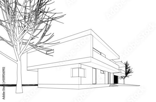 Modern house architectural drawing 3d illustration