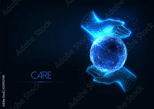 Futuristic metaverse, cyberspace concept with glowing low poly human hands holding sphere on blue