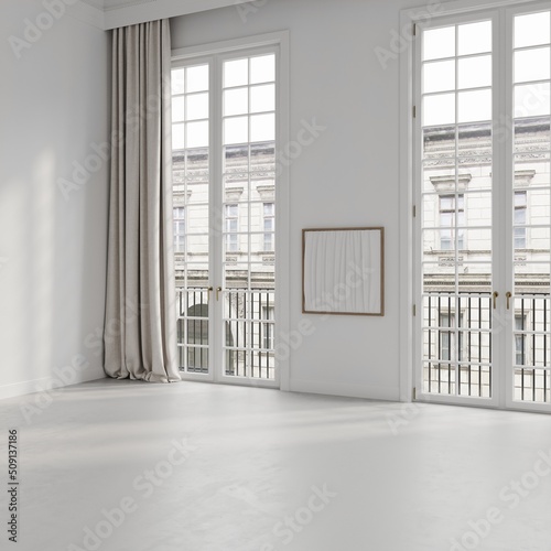 White empty room in classical style interior mockup 3d render with large windows and view to classic building
