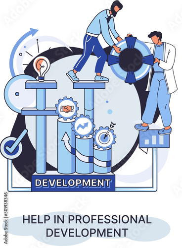 Help in professional development metaphor. Qualified employee training program. Refresher course. Human resource management organization. Business education workshop. School personality growth in team