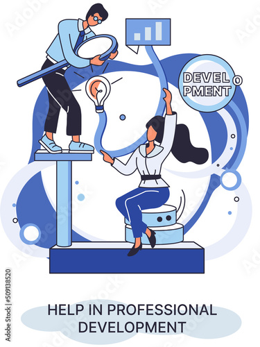 Help in professional development metaphor. Qualified employee training program. Refresher course. Human resource management organization. Business education workshop. School personality growth in team