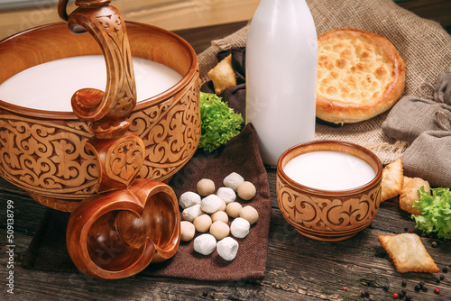 Kazakh national beverage kumis horse milk photo