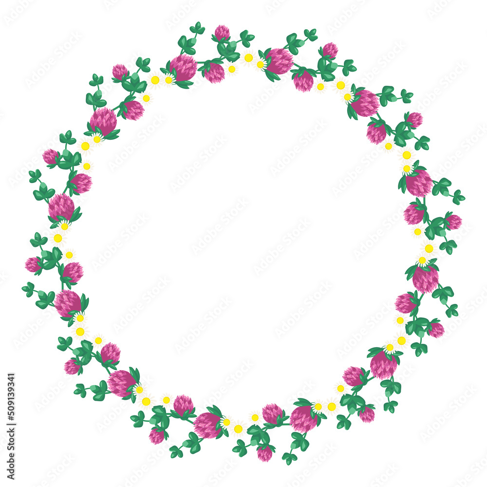 Wreath of pink clover flowers and white daisies. Round frame, cute bright plant with shamrock leaves. Festive decorations for wedding, holiday, postcard, poster and design. Vector flat illustration