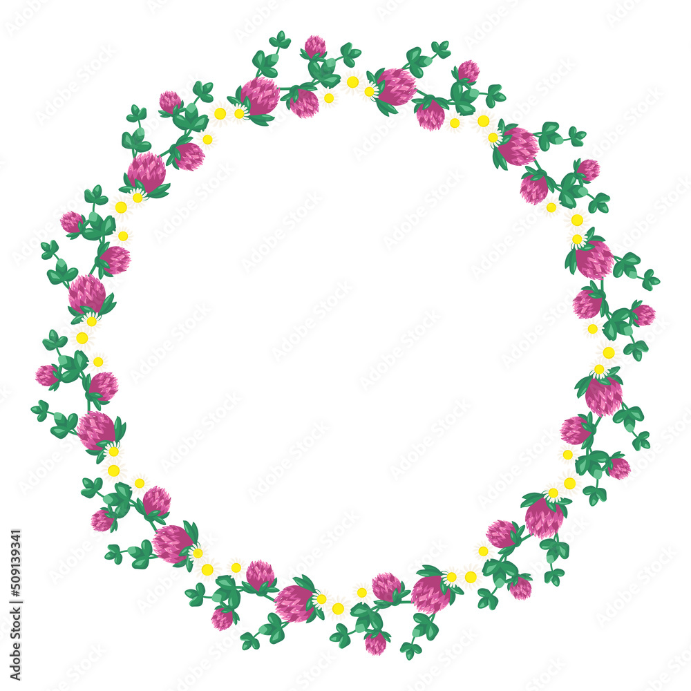 Wreath of pink clover flowers and white daisies. Round frame, cute bright plant with shamrock leaves. Festive decorations for wedding, holiday, postcard, poster and design. Vector flat illustration Wreath of pink clover flowers and white daisies. Round frame, cute bright plant with shamrock leaves. Festive decorations for wedding, holiday, postcard, poster and design. Vector flat illustration