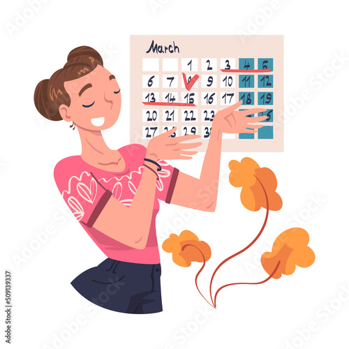 Woman Character Planning Time and Event Marking Date on Calendar and Managing Schedule Vector Illustration