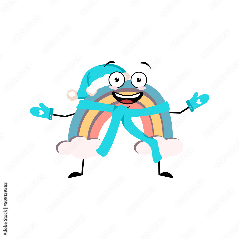 Cute rainbow character in Santa hat with happy emotion, joyful face, smile eyes, arms and legs. Person with funny expression and pose. Vector flat illustration Cute rainbow character in Santa hat with happy emotion, joyful face, smile eyes, arms and legs. Person with funny expression and pose. Vector flat illustration