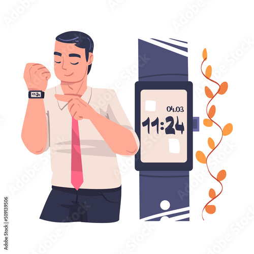 Man Character with Smart Watch Planning Time and Event Managing Schedule Vector Illustration