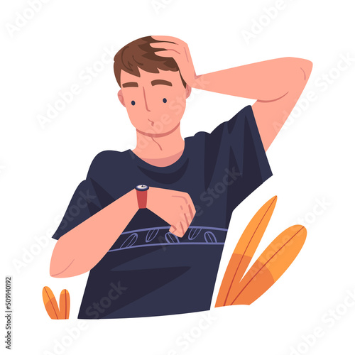 Man Character Planning Time and Event Holding Head and Looking at Watch Vector Illustration