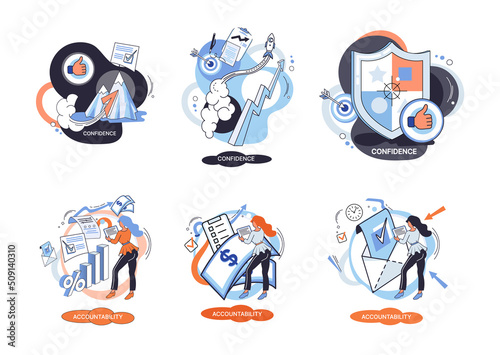Personal quality concept creative metaphors set. Confidence, accountability and discipline, mental strength, psychological flexibility, decision making, leadership role, personal development