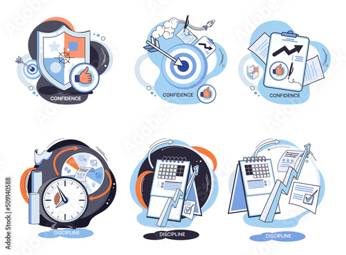 Personal quality concept creative metaphors set. Confidence, accountability and discipline, mental strength, psychological flexibility, decision making, leadership role, personal development