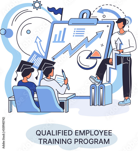 Qualified employee training program. Refresher course metaphor. Help in professional development. Learning for software development and growth. Agile project management team project life scrum meeting
