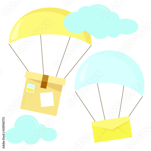 A mail parcel on a parachute flies in the sky