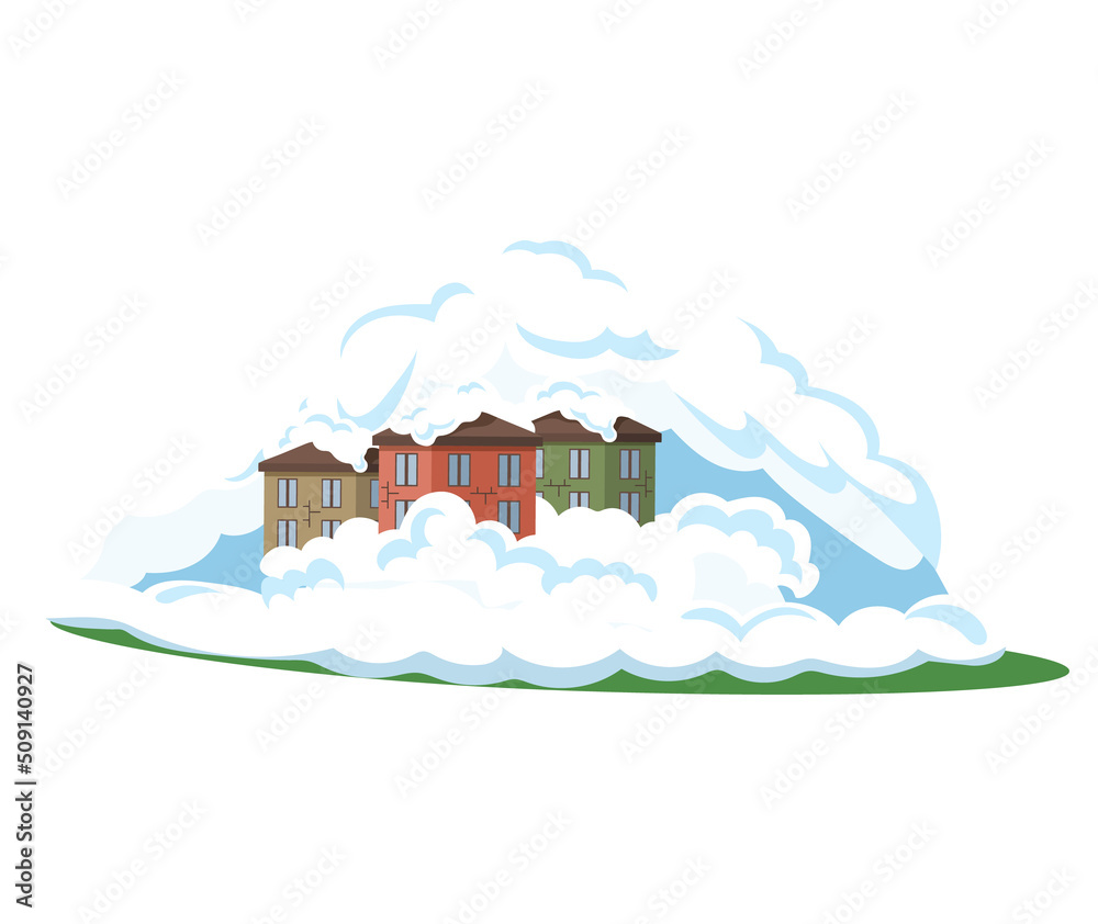 Houses with snow-covered roof stand in large snowdrift under huge cloud. Winter weather landscape. Abnormal snowfall, natural phenomenon, natural disaster in city, an avalanche covered buildings