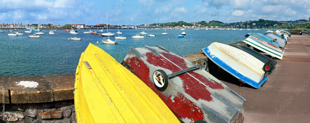 View on the marina of Hondarribia with dinghies on the quay, in Spanish Basque Country. 