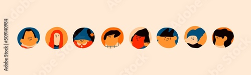 Round portraits. Diverse people. Cute funny characters. Trendy modern art. Cartoon, minimal, abstract contemporary style. Avatar, icons, logo templates. Hand drawn Vector isolated illustrations