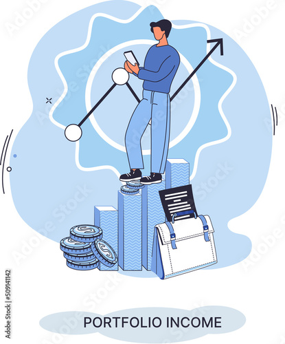 Financial banking income growth, increasing profit. Effective finance currency invest, portfolio income. Man works with successful business strategy planning. Businessman investing money online