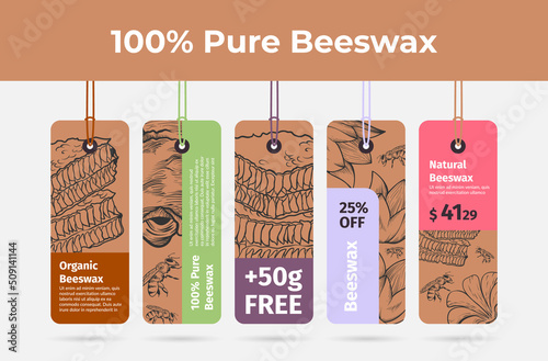 Collection pure organic beeswax vertical promo tag rope vector illustration natural bee product
