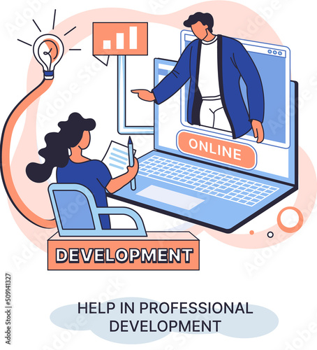 Help in professional development metaphor. Qualified employee training program. Refresher course. Human resource management organization. Business education workshop. School personality growth in team