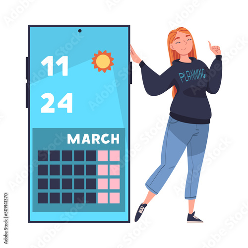 Woman Character Planning Time Managing Schedule on Smartphone Calendar App Vector Illustration
