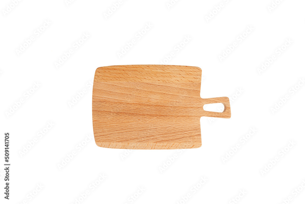Fototapeta premium Wooden cutting board on white background. Single object. Design element, copy space