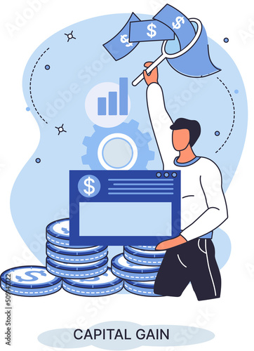 Man investing money in currency. Financial investment income growth, increasing profit. Effective finance currency invest, stock market trading. Work with business strategy planning, capital gain