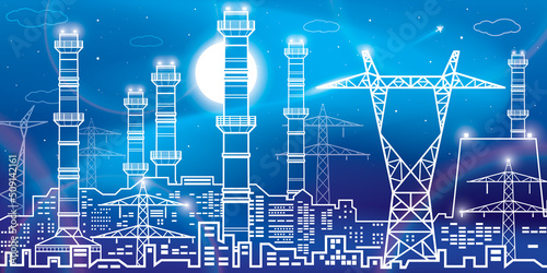 Power plant, energy industry outlines illustration panorama, urban night scene. Neon glow. Pipes and power lines. Factory infrastructure. Vector design art