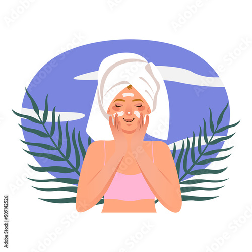 Woman applying SPF, cleansing foam and sunscreen on face. Skincare products at home daily routine illustration. Sun cream products.