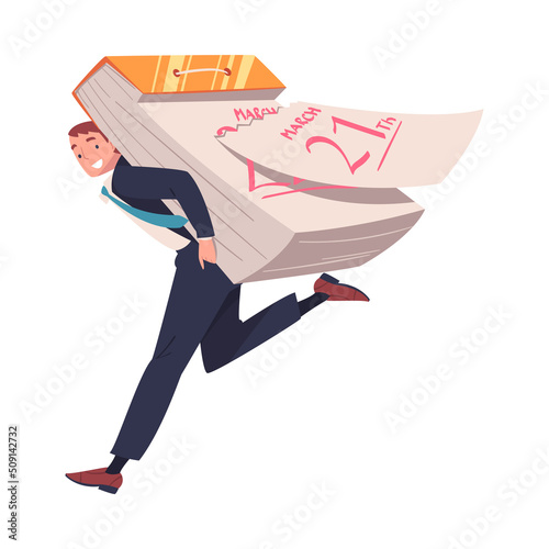 Man Character Carrying Huge Sheet Calendar Planning Time and Managing Schedule Vector Illustration
