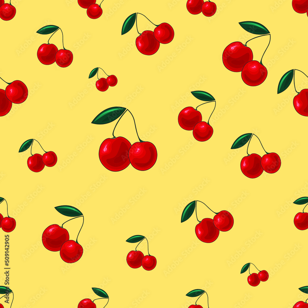 Vector seamless pattern. Cherry, sweet cherry on a beige background. Design for printing on textiles, clothing, wallpaper printing.
