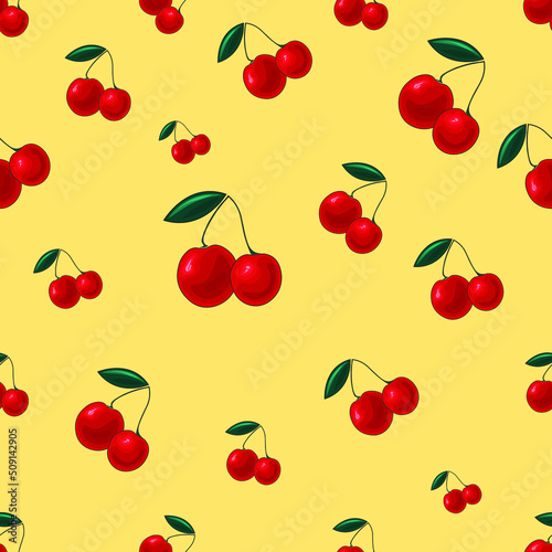 Vector seamless pattern. Cherry, sweet cherry on a beige background. Design for printing on textiles, clothing, wallpaper printing. 