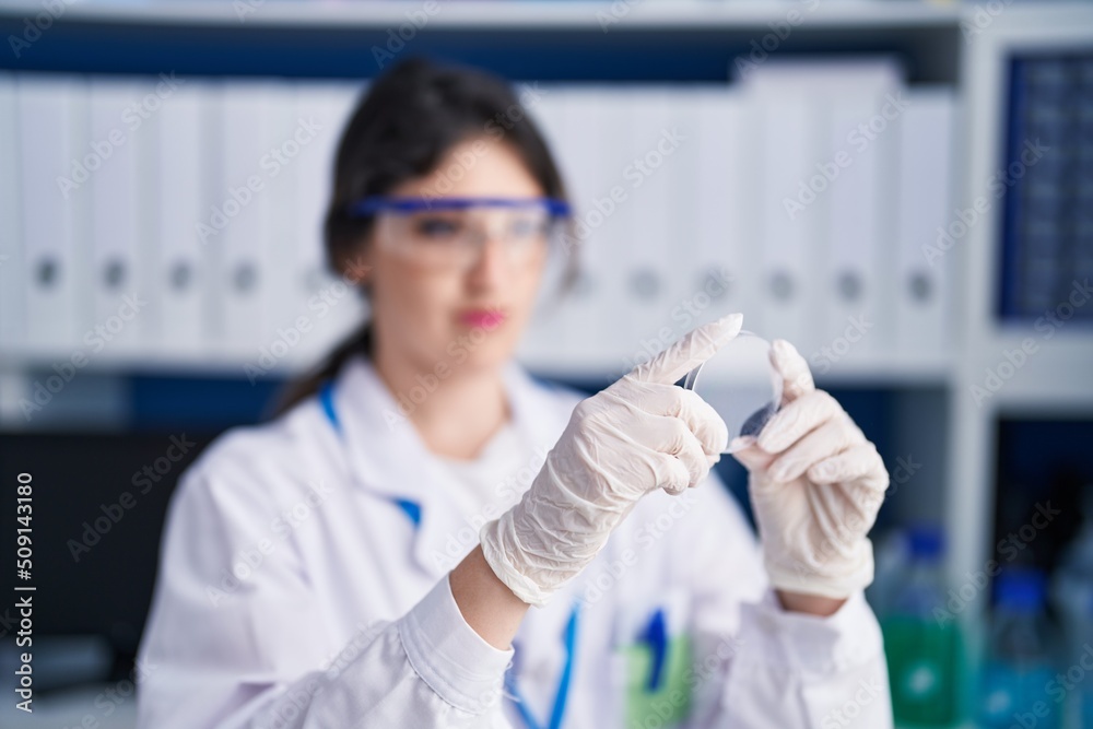 Young hispanic woman scientist looking sample at laboratory Young hispanic woman scientist looking sample at laboratory