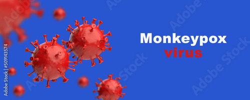 Monkeypox virus 3D Rendering. Realistic red color monkeypox on a blue background. Horizontal banner, poster, website header. photo