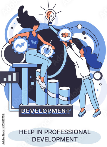 Help in professional development metaphor. Qualified employee training program. Refresher course. Human resource management organization. Business education workshop. School personality growth in team