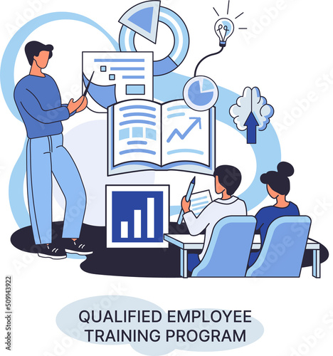 Qualified employee training program. Refresher course metaphor. Help in professional development. Learning for software development and growth. Agile project management team project life scrum meeting