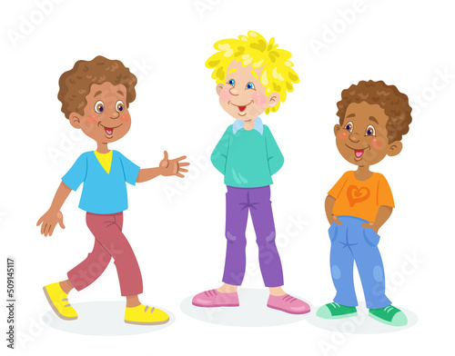 Three curly-haired boys are talking. In cartoon style. Isolated on white background. Vector illustration.