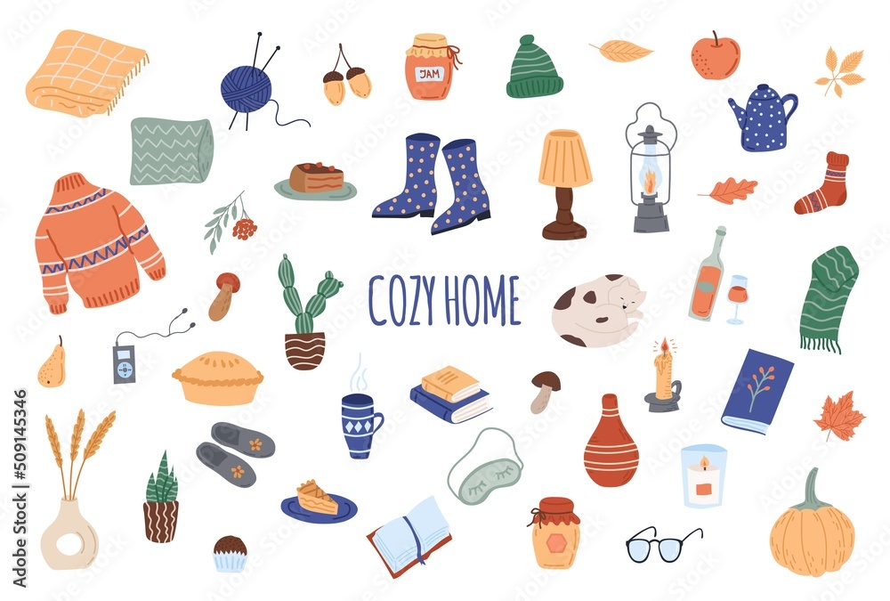 A set of autumn items. Cozy autumn, hugge, autumn season. Flat vector illustration