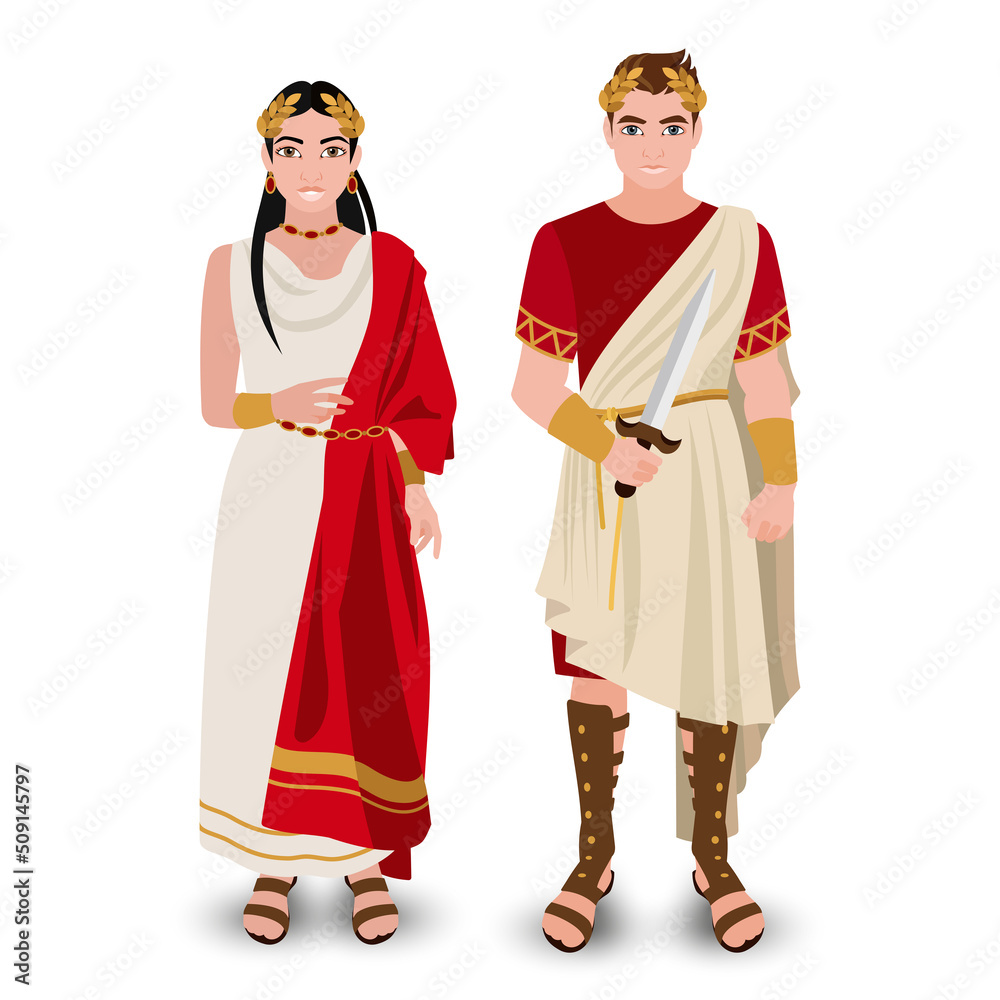 A woman in a white dress in the Roman imperial style and a man in a red tunic with a golden toga and a dagger in his hand. Stylized historical costumes. Fashion vector illustration.