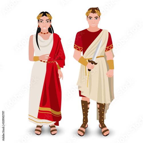 A woman in a white dress in the Roman imperial style and a man in a red tunic with a golden toga and a dagger in his hand. Stylized historical costumes. Fashion vector illustration.