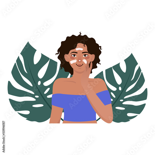 Girl applying sunscreen lotion on face vector isolated illustration. Skincare routine. Spending time at beach colourful scene with tropical leaves.